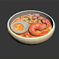 Noodle Soup with Shrimp and Soft Boiled Egg in Red Broth and Light Colored Bowl