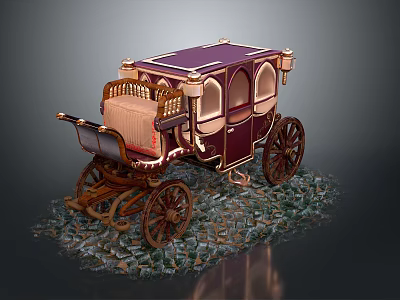 Ornate Vintage Carriage With Purple Roof Golden Decorations And Cobblestone Base 3d model