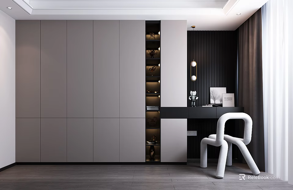 Modern Home Office Desk With White Chair Gray Cabinets And Black Accent Wall 3d model 