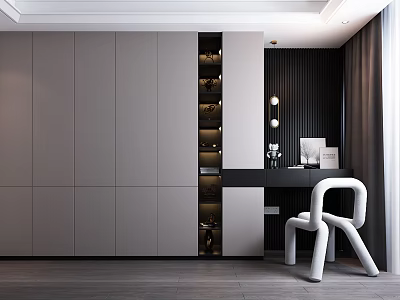 Modern Home Office Desk With White Chair Gray Cabinets And Black Accent Wall 3d model