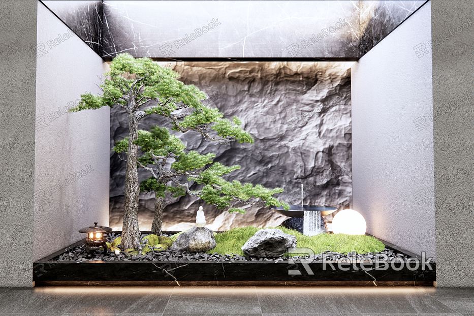 New Chinese style landscape sketch courtyard sketch Zen dry landscape water bowl pine tree welcome pine indoor landscape sketch stone pine tree sketch water drop landscape model