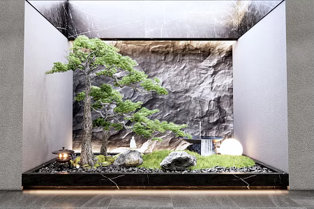 New Chinese style landscape sketch courtyard sketch Zen dry landscape water bowl pine tree welcome pine indoor landscape sketch stone pine tree sketch water drop landscape 3d model