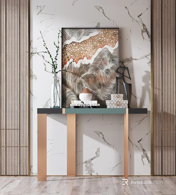 Elegant Modern Console Table With Brass Legs Wall Art And Decorative Items On Marble Wall 3d model