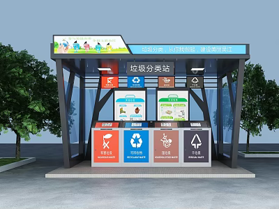 Public Garbage Sorting Station With Shelter Colorful Bins And Sorting Instruction Posters 3d model