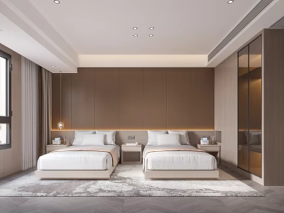 Hotel Guest Room With Twin Beds Brown Walls Nightstands Window Curtains And Glass Wardrobe 3d model