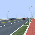 Road Infrastructure with Two Way Lanes Yellow Lines Street Lamps Green Verges and Moving Cars