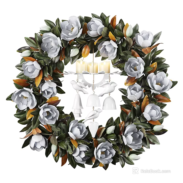 Elegant Decorative Ornament Set With Magnolia Flowers Green Leaves Candle Holder And Bird Figurines 3d model 