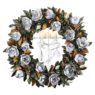 Elegant Decorative Ornament Set With Magnolia Flowers Green Leaves Candle Holder And Bird Figurines 3d model