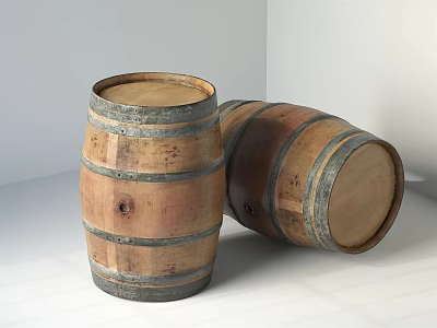 Wooden Storage Barrels For Home Use Standing And Lying With Metal Hoops 3d model