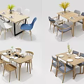 Modern Dining Table Set With Blue Gray Chairs Vase And Tableware 3d model