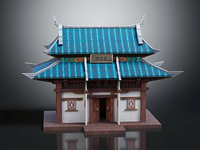 Traditional Chinese Architecture With Blue Tiled Roof Wooden Frame Decorative Plaque And Carved Panels 3d model