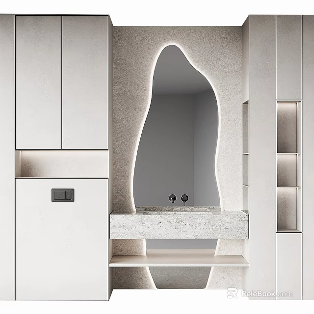 Modern Bathroom Vanity Featuring Curved Mirror Marble Countertop And White Cabinets 3d model 