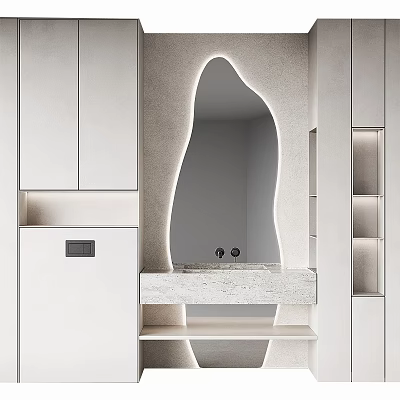 Modern Bathroom Vanity Featuring Curved Mirror Marble Countertop And White Cabinets 3d model