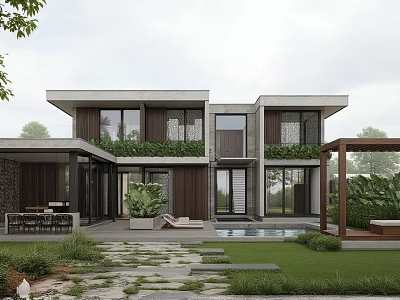 Modern Detached Villa Exterior With Glass Windows Green Wall And Courtyard Pool 3d model