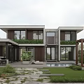 Modern Detached Villa Exterior With Glass Windows Green Wall And Courtyard Pool