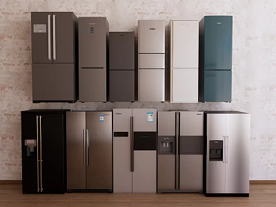Refrigerators and Freezers Various Designs Different Colors Display on Brick Wall with Wooden Floor 3d model