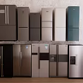 Refrigerators and Freezers Various Designs Different Colors Display on Brick Wall with Wooden Floor