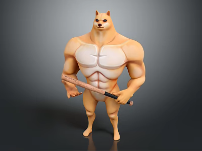 Muscular Shiba Inu Character With Well Defined Abs Holding Wooden Stick In 3D Render Style 3d model