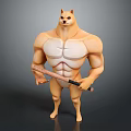Muscular Shiba Inu Character With Well Defined Abs Holding Wooden Stick In 3D Render Style
