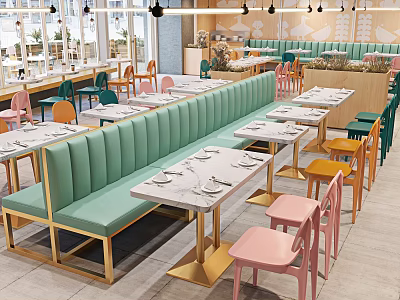 Dessert Shop Interior Design With Green Banquette Colorful Chairs And White Marble Tables 3d model