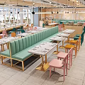 Dessert Shop Interior Design With Green Banquette Colorful Chairs And White Marble Tables