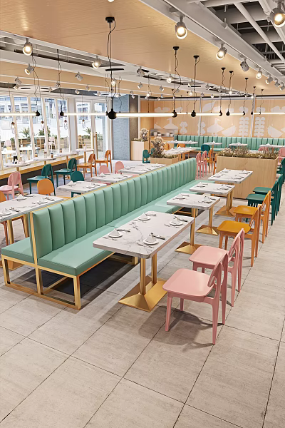 Dessert Shop Interior Design With Green Banquette Colorful Chairs And White Marble Tables 3d model