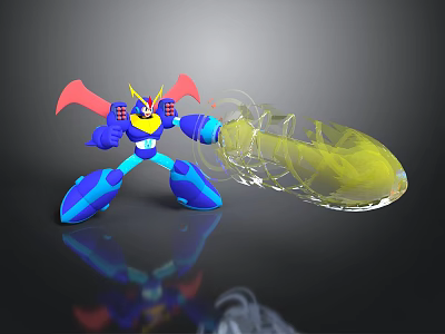 Blue Robot Character With Red Wings Yellow Horns Holding Transparent Container With Glowing Biological Substance 3d model