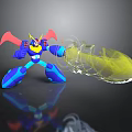 Blue Robot Character With Red Wings Yellow Horns Holding Transparent Container With Glowing Biological Substance