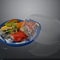 Fresh Sashimi Platter with Colorful Seafood and Vegetables on Blue Plate with Transparent Cover
