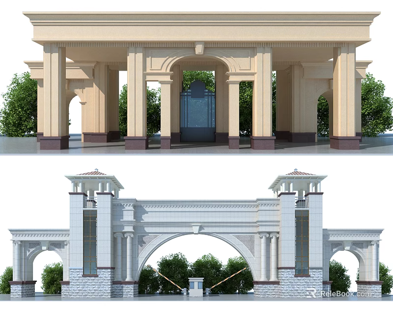 Grand Classical Entry Gate with Arched Structure Stone Columns Towers and Green Plants 3d model 