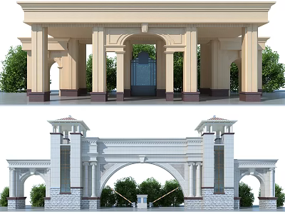 Grand Classical Entry Gate with Arched Structure Stone Columns Towers and Green Plants 3d model