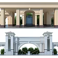 Grand Classical Entry Gate with Arched Structure Stone Columns Towers and Green Plants
