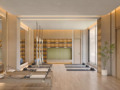 Bright Modern Fitness Studio Featuring Reformer Pilates Machines Yoga Mats Mirror Walls And Wooden Flooring 3d model