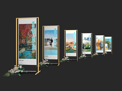 Golden Framed Display Boards With Various Landscape And Architecture Images And White Flower Decorations 3d model