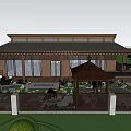 Wooden Hotel Building Surrounded by Green Lawn Trees and Modern Buildings in Background
