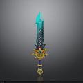 Fantasy Blue Runic Sword With Golden Decorative Hilt And Gemstone Accents