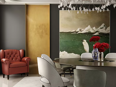 Modern Round Dining Table Set With Gray Chairs Red Flowers And Wall Painting Chandelier 3d model