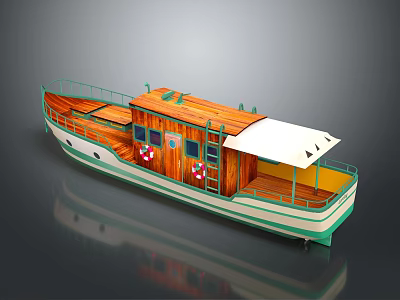 Wooden Boat With Green Trim White Canopy Deck Lifebuoys And Windows 3d model