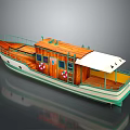 Wooden Boat With Green Trim White Canopy Deck Lifebuoys And Windows