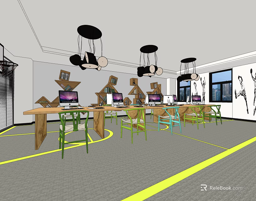 Public Office Space With Long Wooden Tables Laptops Green Chairs And Black Pendant Lights 3d model 