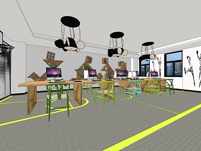 Public Office Space With Long Wooden Tables Laptops Green Chairs And Black Pendant Lights 3d model