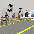 Public Office Space With Long Wooden Tables Laptops Green Chairs And Black Pendant Lights