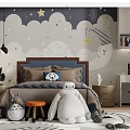 Cozy Kids Room With Starry Moon Cloudy Wallpaper Blue Headboard Bed Stuffed Toys Desk Chair