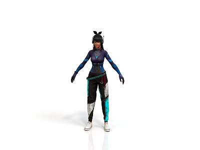 Woman In Blue Black Futuristic Athletic Outfit With Ponytail Gloves And White Shoes 3d model