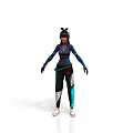 Woman In Blue Black Futuristic Athletic Outfit With Ponytail Gloves And White Shoes