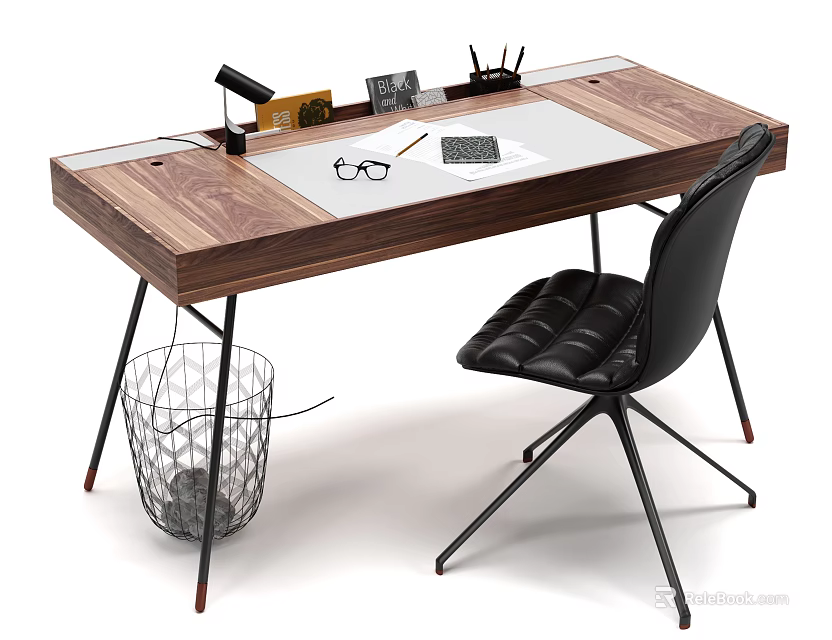 Modern Wooden Desk with Glass Top Table Lamp Stationery Glasses Paper Beside Black Chair 3d model 
