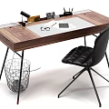Modern Wooden Desk with Glass Top Table Lamp Stationery Glasses Paper Beside Black Chair