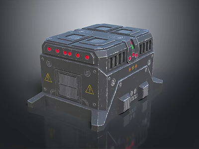 Industrial Machine Component With Black Metal Panels Red Indicator Lights And Yellow Warning Signs 3d model