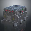 Industrial Machine Component With Black Metal Panels Red Indicator Lights And Yellow Warning Signs