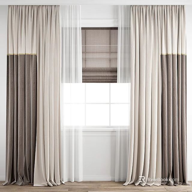 Beige And Brown Curtains With Sheer Curtains Roller Blinds White Window Frame 3d model 